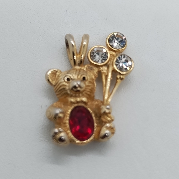 Bear Pendant Signed D.M.99 Gold Tone July Birthstone Red Belly Crystal Balloons - Picture 15 of 15